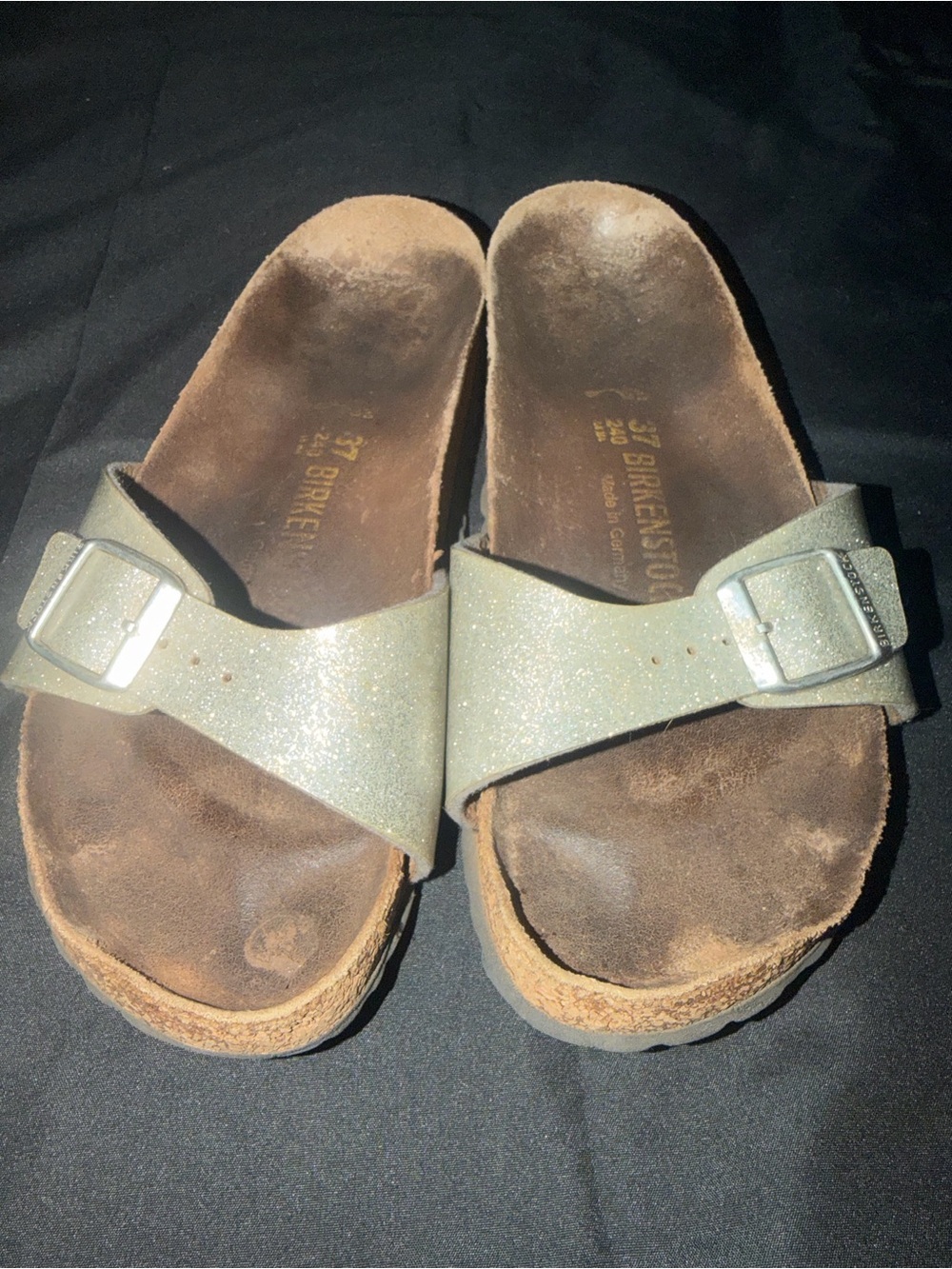 Birkenstock Madrid Sandals Silver Sparkle Birko Flor Womens Size 37 US 6